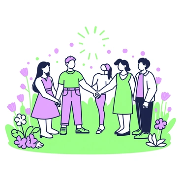 A diverse group of people standing in a circle, holding hands. The individuals vary in height, age, and attire, representing different backgrounds. Each person has a unique hairstyle and facial expression, reflecting joy and unity. They are positioned on a grassy area, which is surrounded by an abundance of flowers in full bloom. The flowers display a variety of shapes and sizes, contributing to the vibrant scene around the group. Sunlight illuminates the setting, casting soft shadows on the ground.