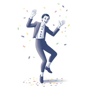 A mime performing an expressive dance. The mime is dressed in classic black and white attire, with white face paint and exaggerated facial expressions. They are mid-movement, showcasing a joyful pose with arms raised and legs extended. Around the mime, colorful confetti is falling from above, creating a festive atmosphere. The ground beneath them is scattered with a mix of confetti pieces, enhancing the celebratory scene.
