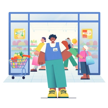 A friendly store greeter with light brown skin and curly black hair is standing at the entrance of a supermarket. They are wearing a bright blue vest with a name tag and a warm smile. The entrance is framed by large sliding glass doors, and colorful promotional posters are visible on either side. A shopping cart is parked nearby, and a few customers can be seen approaching the entrance with bags in hand. The floor is tiled in a checkerboard pattern, adding to the bustling atmosphere.