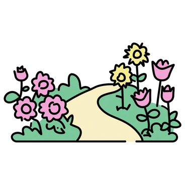 A narrow path winding through a botanical garden, flanked by a variety of vibrant flowers in full bloom. On one side, there are red roses, their petals rich and detailed, while on the other side, yellow sunflowers stand tall and bright. The path is made of light-colored stones, creating a gentle contrast with the colorful flora surrounding it. Lush green leaves provide a backdrop, enhancing the vivid hues of the blossoms as they sway slightly in a gentle breeze. The scene is inviting, offering a tranquil escape into nature.