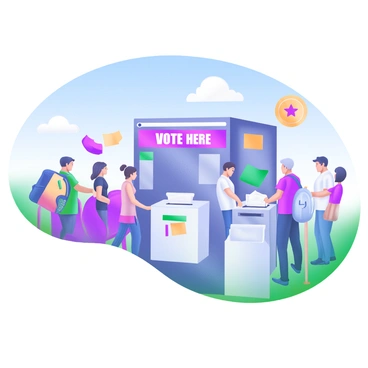 A public polling station is depicted with a long line of people waiting to cast their votes. The individuals in line include a diverse group of voters, such as a young woman with a backpack, an elderly man with a cane, and a family with children. There are colorful banners and signs around the station displaying the words "Vote Here" in bold letters. A ballot box is prominently placed at the front, and election officials are seen assisting voters. The scene is set in a bright, inviting atmosphere with a clear blue sky above.