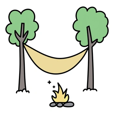 A hammock made of tan fabric is strung between two tall trees with thick green leaves. The trees have rough bark and are standing close to each other. Below the hammock, a glowing campfire burns brightly, surrounded by small, smooth stones. The fire emits warm orange and yellow flames, casting a soft glow on the surrounding area. The ground is covered with a layer of dry leaves and grass, creating a natural setting. The scene is peaceful, showcasing the gentle sway of the hammock and the flickering light of the campfire.