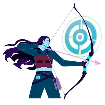 An archer with a determined expression stands poised, holding a sleek, modern bow tightly in her hands. She has long flowing hair that dances in the wind. Her attire is a blend of tactical gear and traditional archery clothing, featuring deep greens and browns that blend into the environment. She focuses her gaze on a distant, glowing target suspended in the sky, which radiates vibrant shades of blue and gold. The arrow is nocked and ready, glinting in the light as she draws back the string, the tension evident in her arm and stance. The background is filled with an ethereal atmosphere, illuminated by the shimmering target that demands precision and skill.