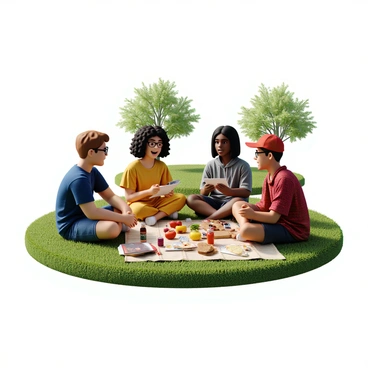 A group of four friends sitting on a green grassy lawn in a park. They are gathered around a picnic blanket, which is laid out with various snacks like fruit, sandwiches, and drinks. One friend has short brown hair and is wearing a blue t-shirt, while another has curly black hair and is dressed in a yellow summer dress. The third friend is wearing glasses and has long straight hair, dressed in a casual gray hoodie. The fourth friend has a baseball cap on and is wearing a red checked shirt. They are all engaged in conversation, sharing notes from their study materials. In the background, there are trees and the bright blue sky.