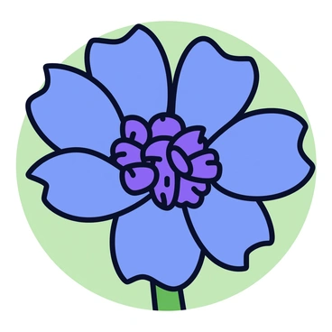 A close-up view of a single cornflower bloom with vibrant blue petals and a cluster of delicate dark purple stamen at its center. The flower has a slightly jagged edge to its petals, emphasizing its unique shape. Behind the cornflower, there is a softly blurred green background, creating a contrast that highlights the intricate details of the bloom. The light falls gently on the petals, giving them a slight sheen.