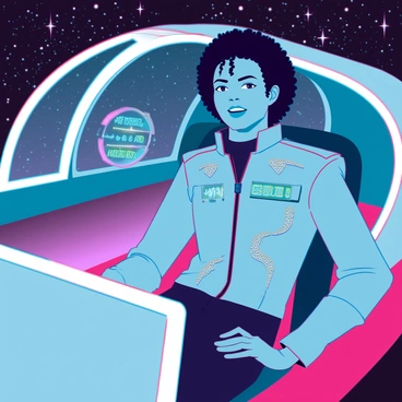 Michael Jackson wearing his iconic "Captain EO" space outfit, complete with a metallic jacket adorned with holographic elements and sequins. He has a confident expression on his face as he sits in the pilot's seat of a sleek, futuristic spaceship. The interior of the spaceship features glowing control panels and a panoramic view of the starry cosmos outside. The ship's design is aerodynamic and smooth, reflecting advanced technology. Michael's curly hair is styled perfectly, and bright lights within the cabin create an energetic atmosphere.