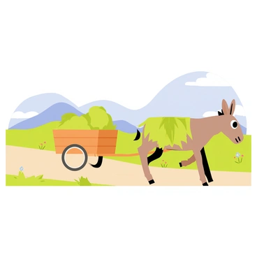 A donkey with a light brown coat is pulling a small wooden cart. The cart is filled with green, fresh hay that spills over the sides slightly. The background features a dirt farm road lined with patches of grass and a few wildflowers. In the distance, there are rolling hills and a clear blue sky with fluffy white clouds. The donkey is walking steadily along the road, its ears perked up and tail swishing.