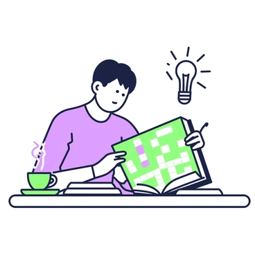 A person is sitting at a wooden table, focused intently on a crossword puzzle. Their brow is slightly furrowed, indicating deep concentration. In their right hand, they hold a pencil poised over a square on the crossword grid. Their left hand is resting on an open dictionary, revealing the book's spine and pages. A lightbulb illustration, symbolizing the "aha moment," is drawn above their head. Nearby, a steaming cup of coffee sits on the table, adding to the scene’s atmosphere. The crossword grid features a few filled squares and several open spaces waiting to be completed.