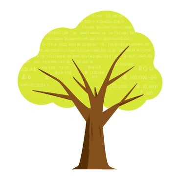 A large tree with a sturdy brown trunk stands prominently in the center of the image. Its branches extend outward, made entirely of various cryptocurrency symbols like Bitcoin, Ethereum, and Litecoin. The leaves of the tree are composed of intricate patterns of digital code, with strings of binary numbers and symbols creating a vibrant green canopy. The background is a simple blue sky, allowing the tree to be the focal point of the illustration.