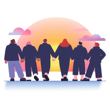 Silhouettes of several individuals of various genders are standing together, holding hands against a vibrant sunset. The sky is filled with warm hues of orange, pink, and purple, creating a stunning backdrop. Each silhouette is distinguishable by their unique hairstyles and postures, emphasizing the diversity of the group. The sun is setting on the horizon, casting a soft glow that outlines the figures and enhances their connection. The ground is subtly illuminated by the fading light, leading the eye towards the horizon.