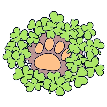 A patch of vibrant green clovers growing densely around a distinct dog's paw print. The paw print features four rounded toes and a visible pad, clearly marked in the soft soil of the garden. Small white flowers occasionally peek through among the clovers, adding contrast to the deep green foliage. The scene is set in a garden, with sunlight casting gentle shadows across the patch, emphasizing the texture of the clovers and the imprint of the paw print.