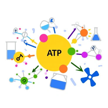 An illustrated scene depicting various biochemical reactions occurring in a vibrant laboratory setting. In the center, a large molecule of "ATP" is highlighted, showing its structure with brightly colored phosphates and ribose sugar. Surrounding the ATP molecule are smaller molecules and enzymes engaging in different reactions, illustrated with arrows indicating the direction of movement. There are animated representations of energy transfer, with sparks radiating from the ATP to other molecules. The background features lab equipment like beakers and test tubes filled with colorful liquids, creating a dynamic scientific atmosphere.