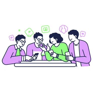 A small group of four users is gathered around a table, each holding a smartphone. They are smiling and appear engaged as they interact with the app on their screens. One user with glasses is leaning in closer to show something on their phone. Another user, with curly hair, is laughing and pointing at their screen. The third user has a focused expression while swiping through the app, and the fourth user looks surprised, with their eyes wide open. Various colorful app icons are visible on the screens of their smartphones, creating an atmosphere of excitement.
