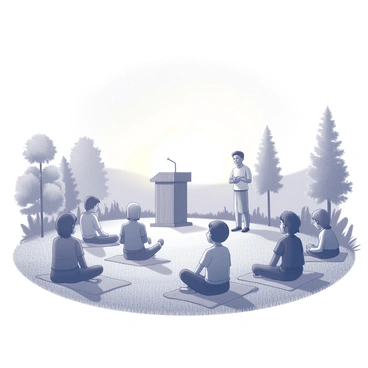 A gathering of a small congregation outdoors in a field during sunrise. The scene features individuals of varying ages, some sitting on picnic blankets and others standing, with expressions of contemplation. In the center, a wooden podium is positioned, where a speaker stands, possibly delivering a message. Surrounding the group, gently swaying grass and a few trees are visible in the background. The sky is filled with soft light, signaling the beginning of a new day, creating a sense of tranquility in the atmosphere.