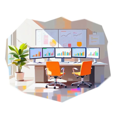 An office space featuring multiple monitors arranged on a desk, each displaying various car production statistics in colorful graphs and charts. The background includes a large bulletin board filled with additional data sheets and a whiteboard with handwritten notes. Task chairs are placed in front of the desk, and a window allows natural light to illuminate the room. A potted plant sits in the corner, adding a touch of greenery to the professional environment.