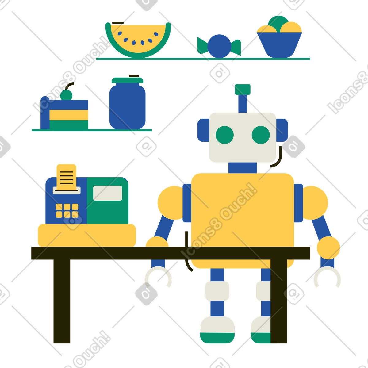 Roboterkassierer bei der arbeit an kasse-Illustration im Spot-Stil als Download in PNG, SVG