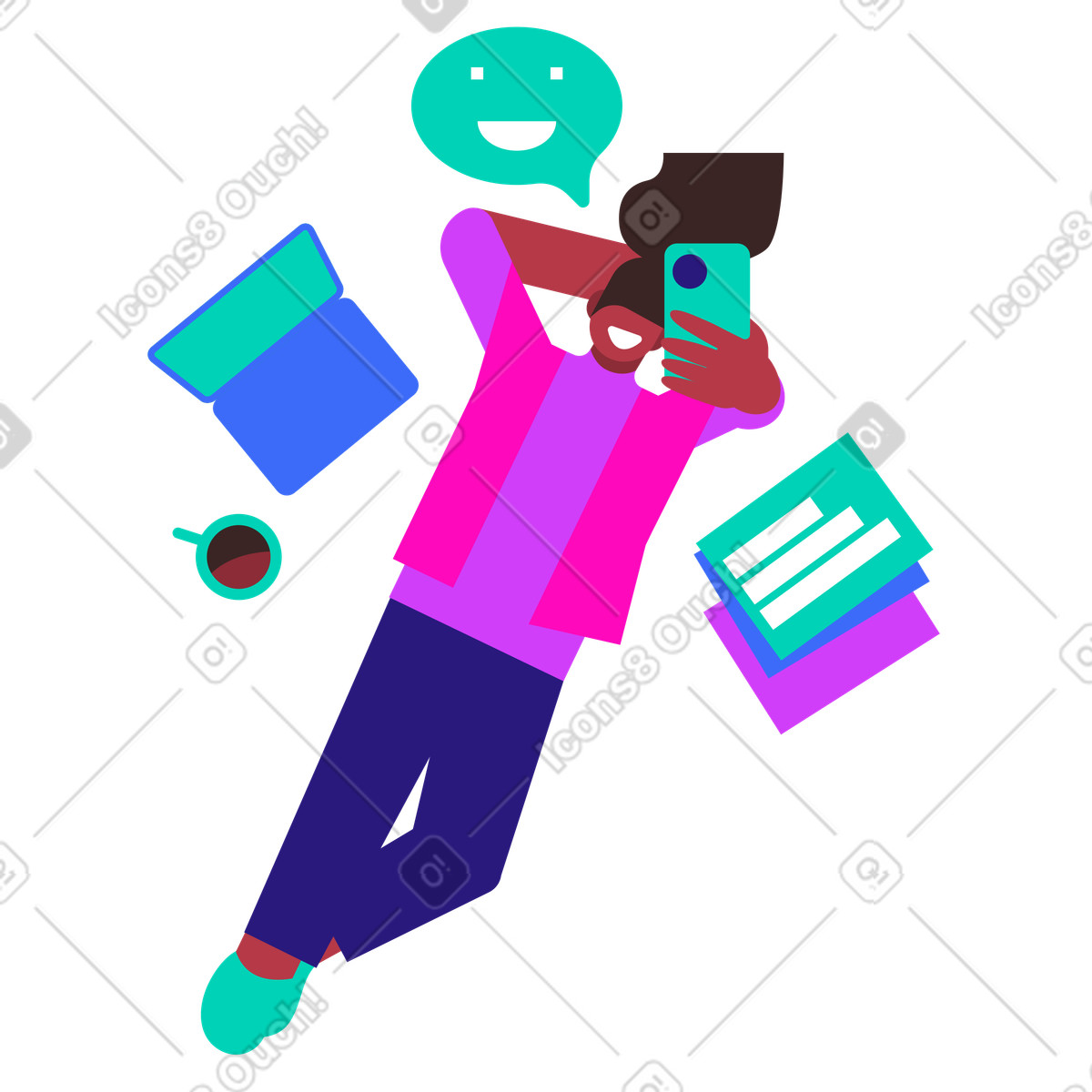下载 Basic 风格的 使用智能手机进行数字通信的女性 插画，支持 PNG、SVG 格式