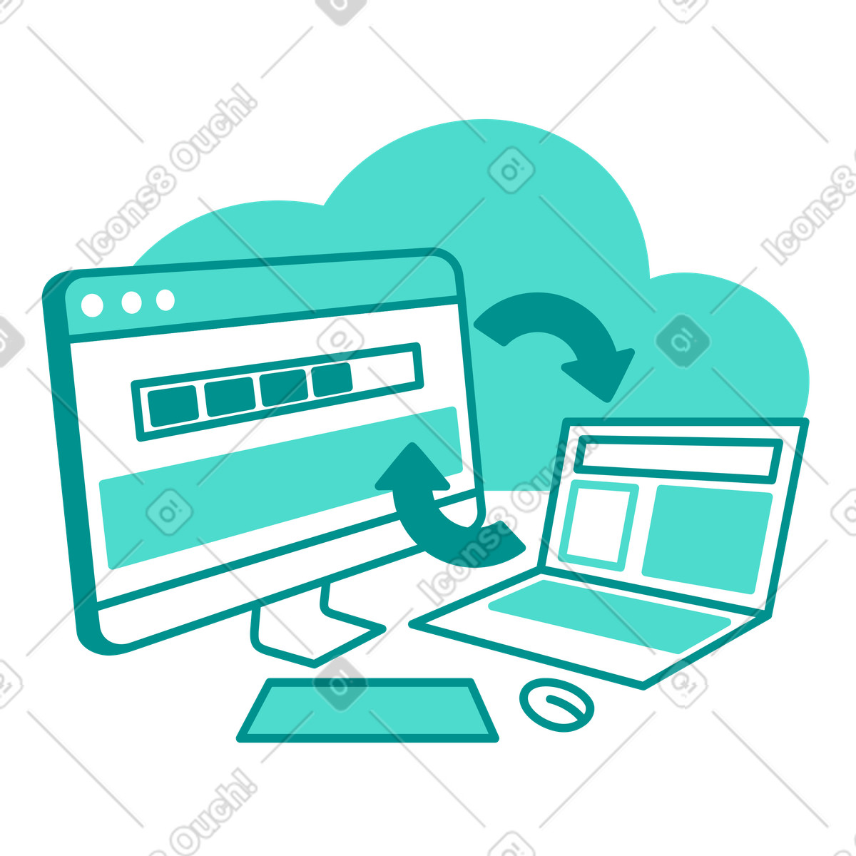 Cloud data exchange between pc and laptop  illustration in PNG, SVG