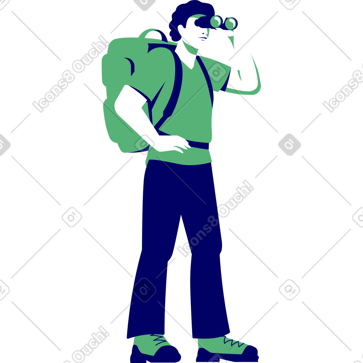 Lounge スタイルの 双眼鏡とバックパックを持つ男 のイラストをPNG、SVG形式でダウンロード