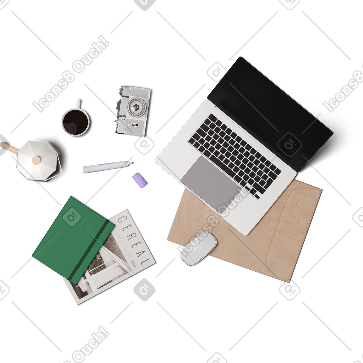 Ilustração de Vista superior do laptop em cartas, livros, câmera e café no estilo 3D Hygge para baixar PNG, SVG
