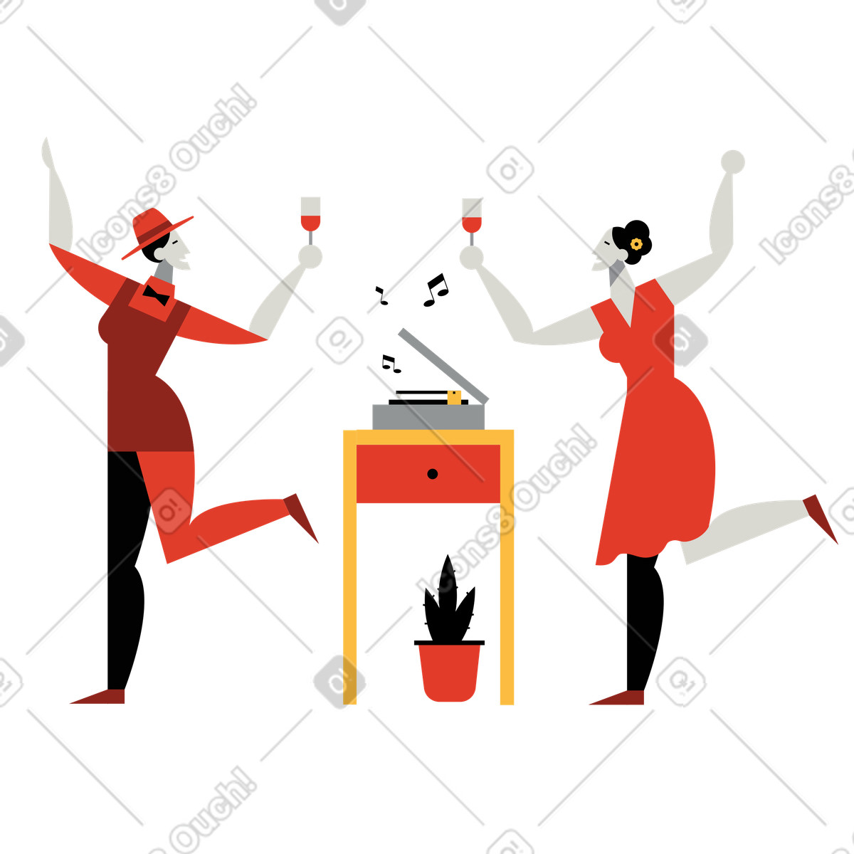 Donne che bevono e ballano a ritmo di musica illustrazione in stile Burgundy scarica in PNG, SVG