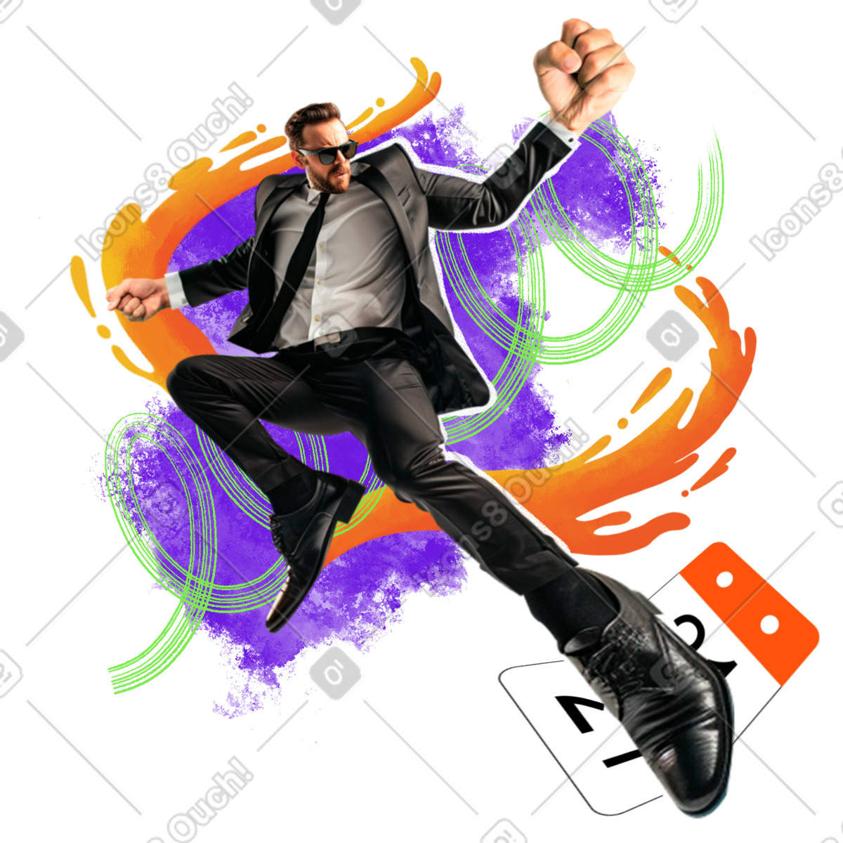 Ilustración Collage dinámico de un hombre que cumple la fecha límite en estilo Energy a descargar en PNG y SVG