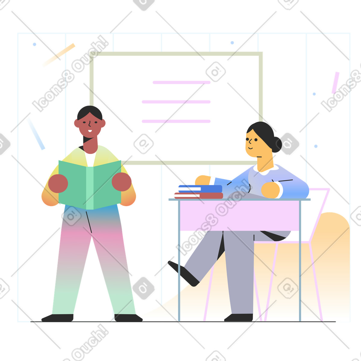 Pupil reading by class board illustration featuring a teacher listening, teaching clipart PNG