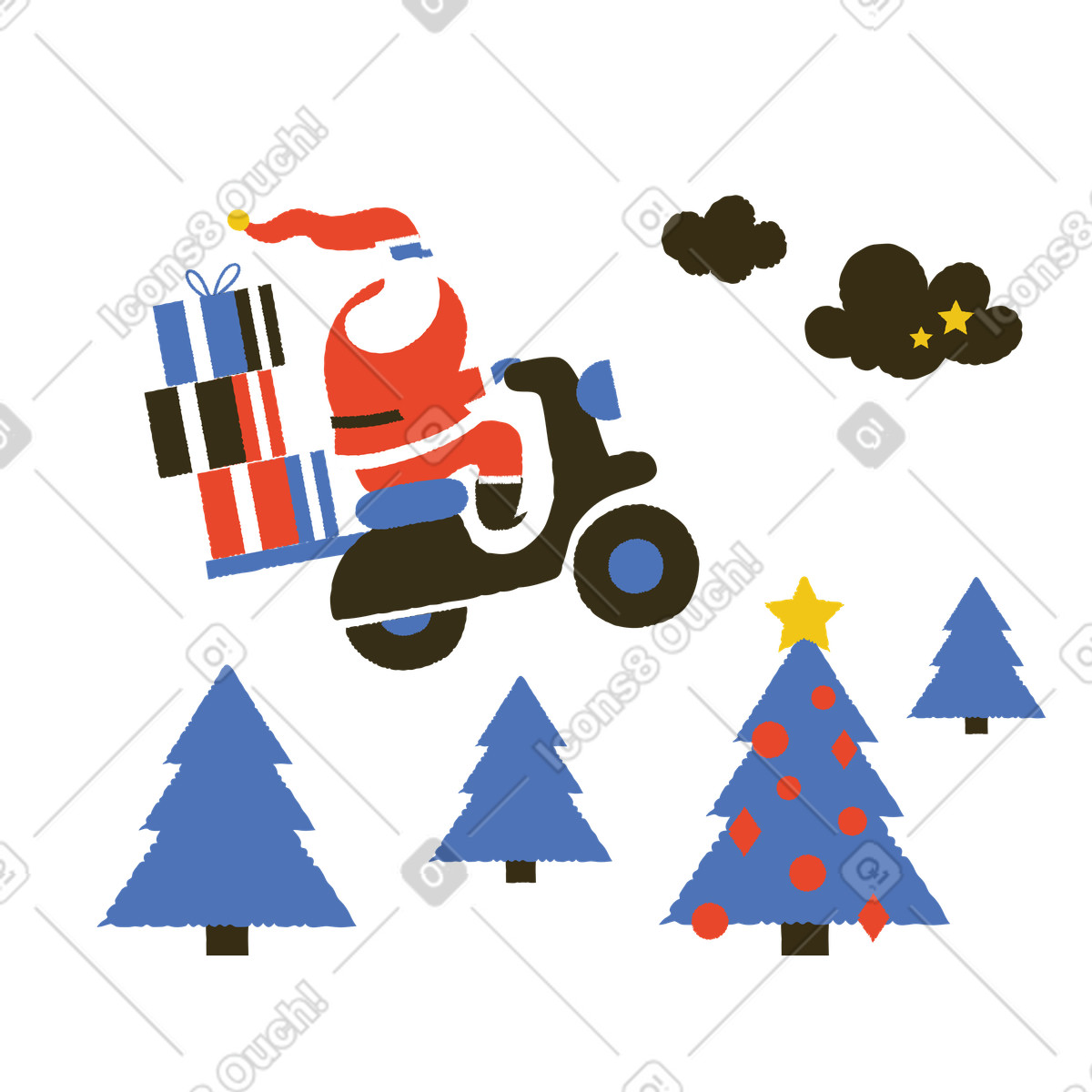 Babbo natale su uno scooter con i regali che volano sopra la pineta illustrazione in stile Bermuda scarica in PNG, SVG