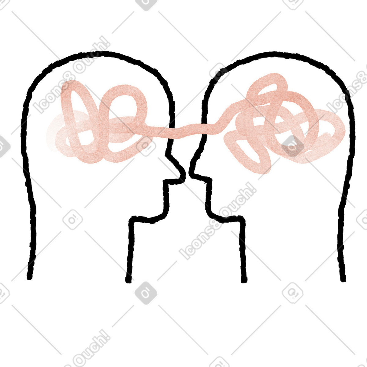 Heads silhouette connected by shared scribble line indicating mutual understanding-Illustration im Anthropic Claude Hand Drawn-Stil als Download in PNG, SVG