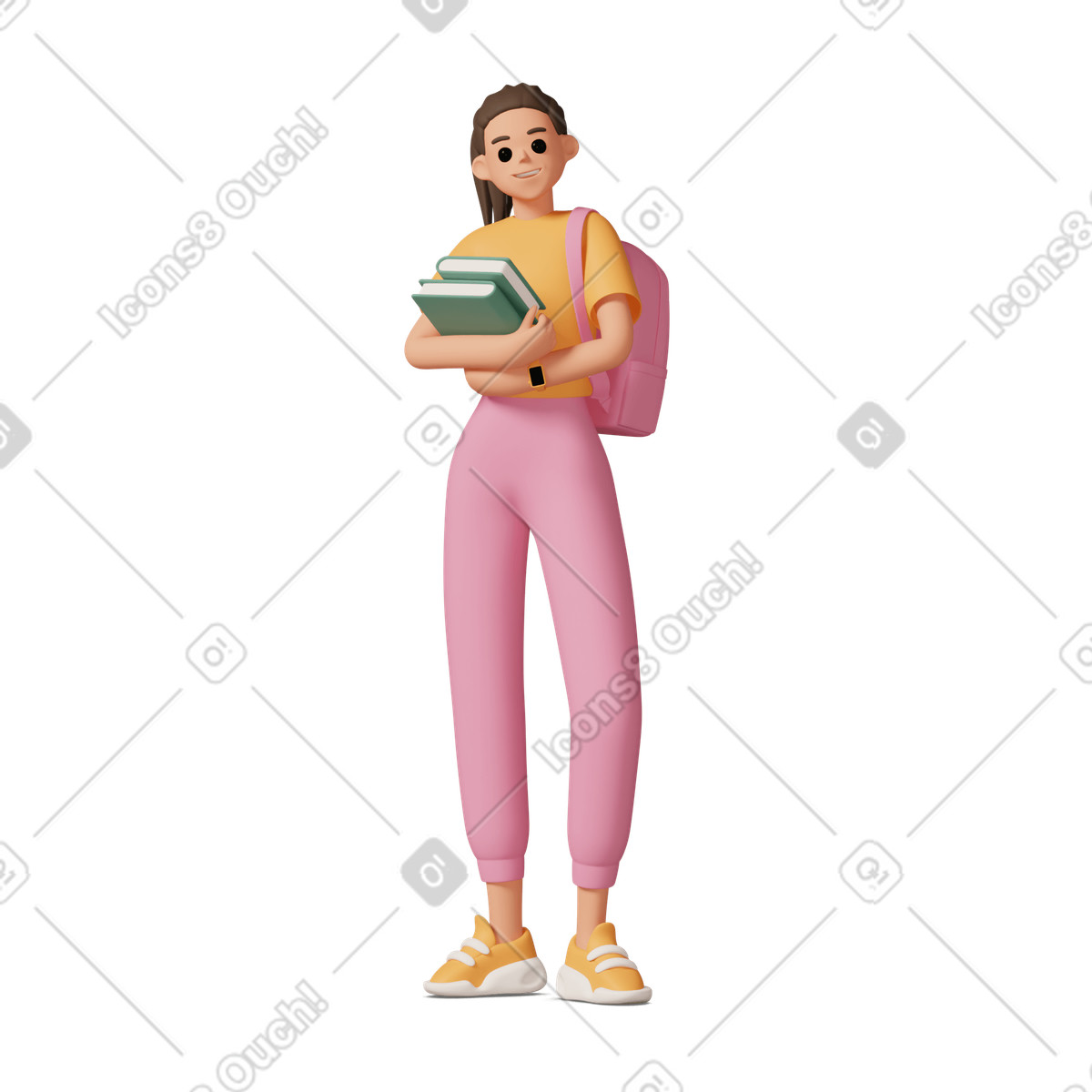 3D Casual life スタイルの Girl with books and backpack のイラストをPNG、SVG形式でダウンロード