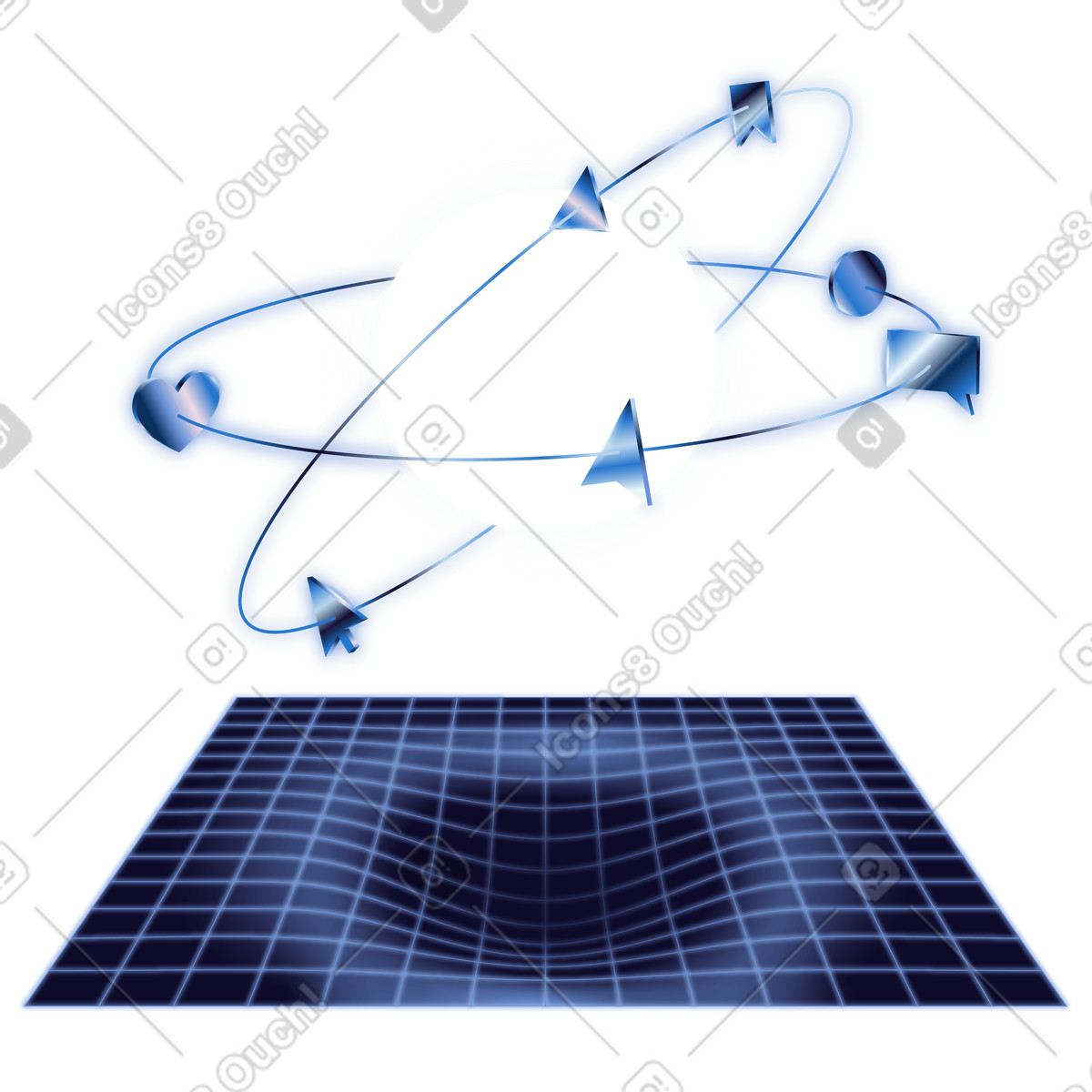 Social media icons orbiting central core, digital communication and online network illustration in Dimension style download in PNG, SVG