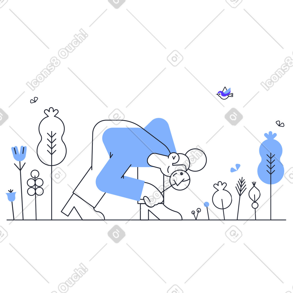 Frau sucht etwas auf dem boden-Illustration im Pablita-Stil als Download in PNG, SVG