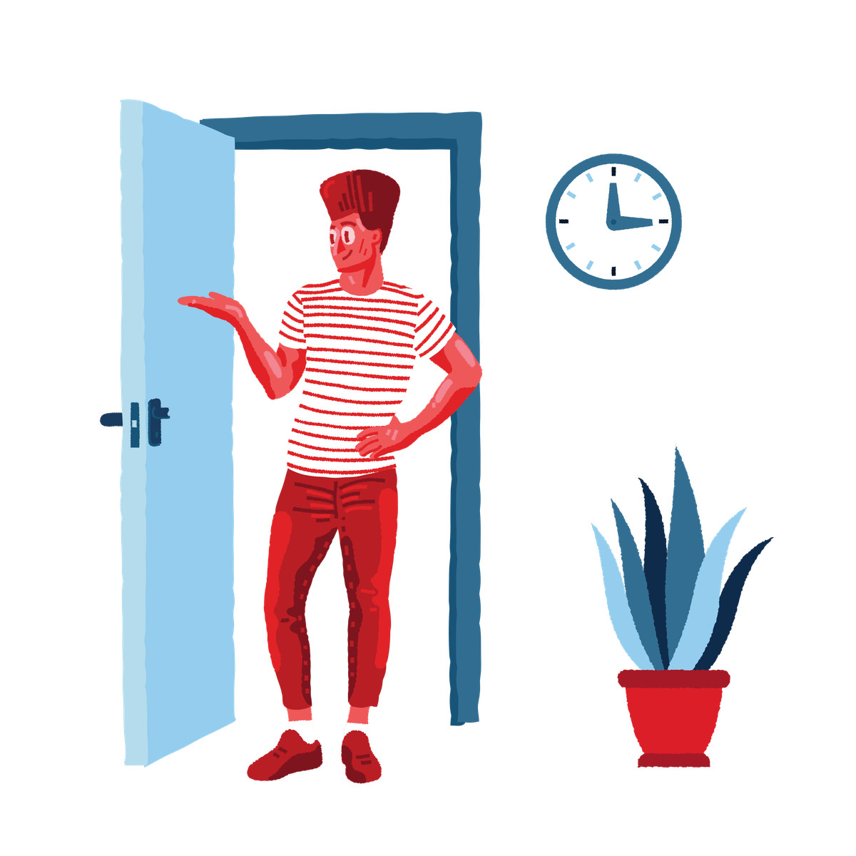 Man standing in doorway and welcoming someone illustration Cherry style download PNG, SVG