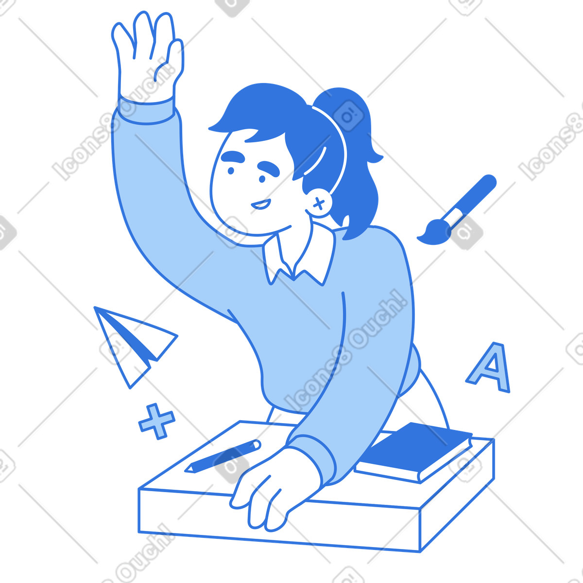 Student actively raising hand in lesson illustration, engaging clipart for educational purposes, available in PNG SVG