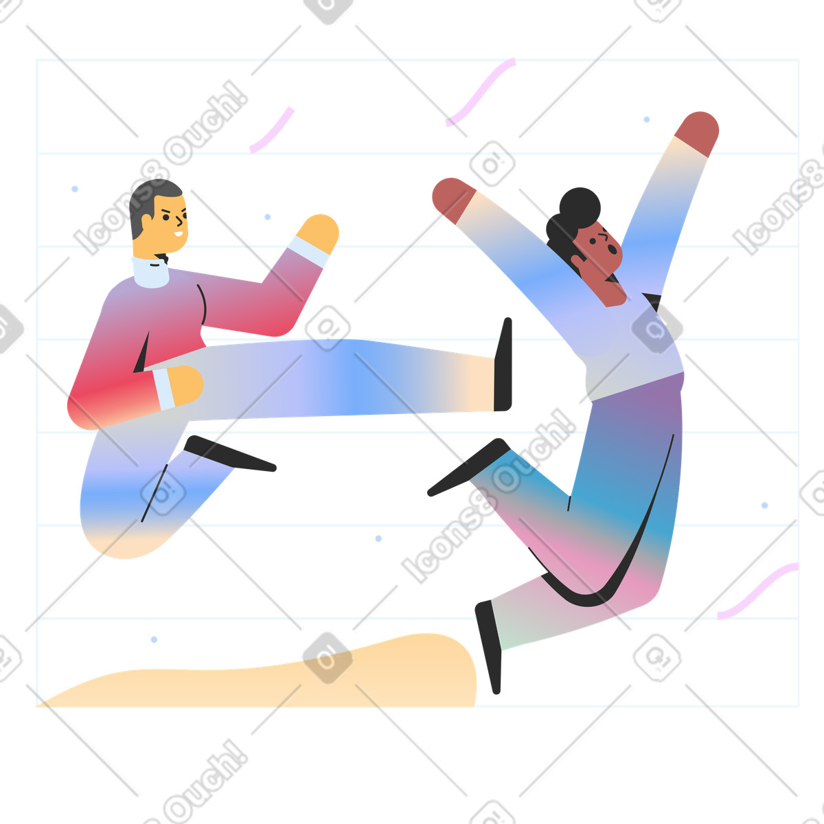 Illustration Un homme donne coup de pied à autre dans le dos style Marginalia télécharger aux formats PNG, SVG