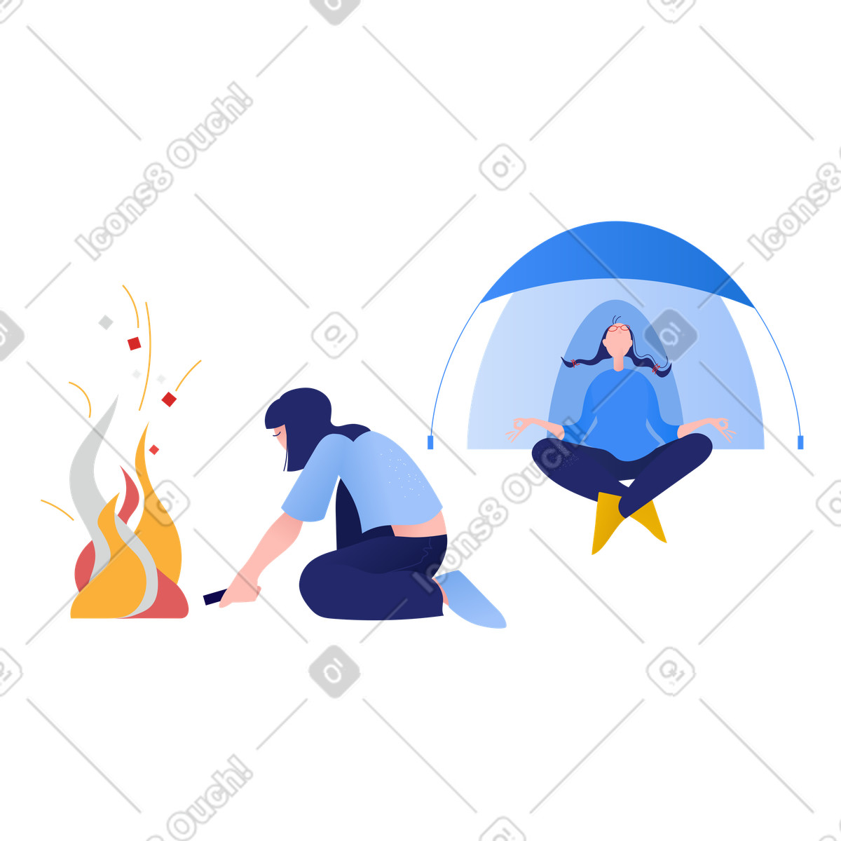 Women camping with tent and campfire illustration in Clip style download in PNG, SVG