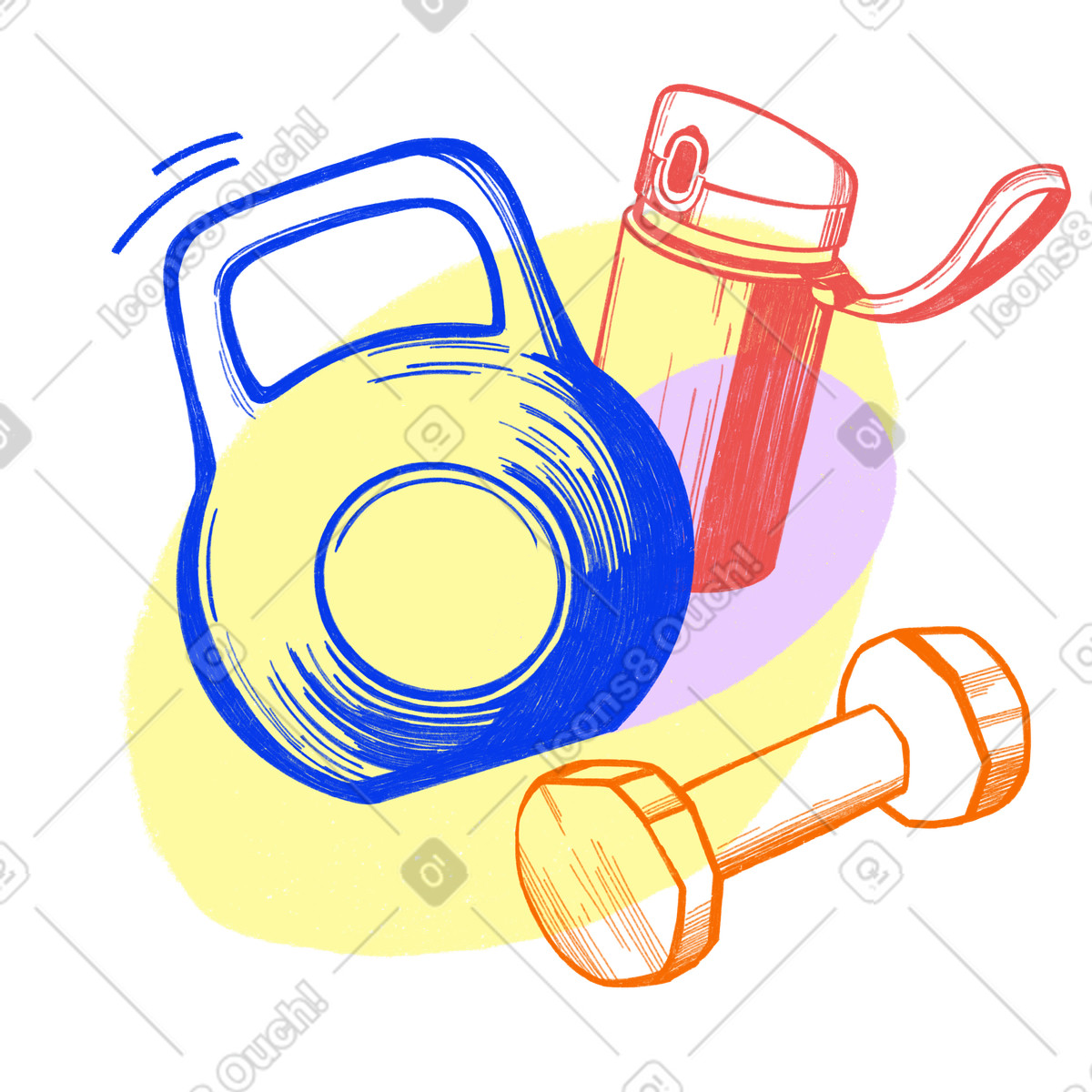 Exercise with weights and a bottle of water to replenish the in body-Illustration im Biro-Stil als Download PNG, SVG