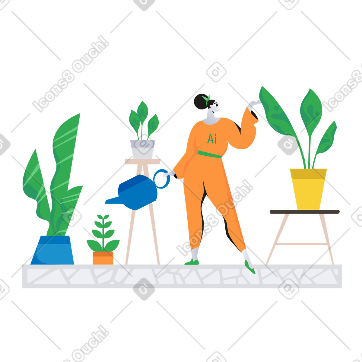 Ilustração de Ia personificada cuidando plantas domésticas em no estilo Jaconda para baixar em PNG, SVG