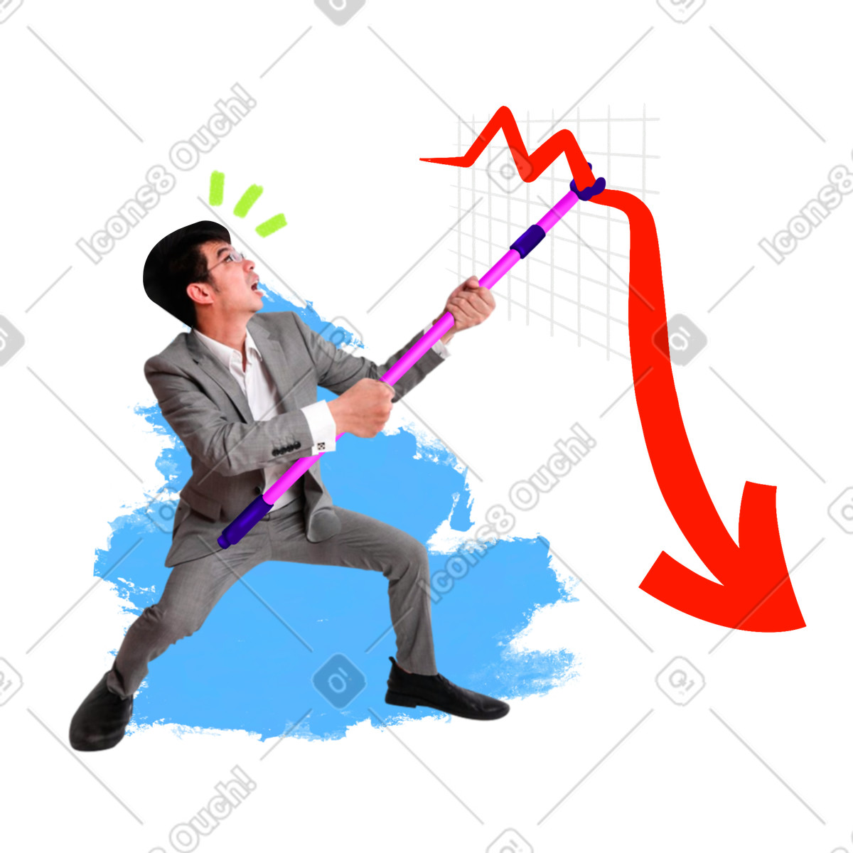Illustration Employé de bureau essayant d'empêcher la flèche du graphique tomber dans le style Energy à télécharger aux formats PNG, SVG