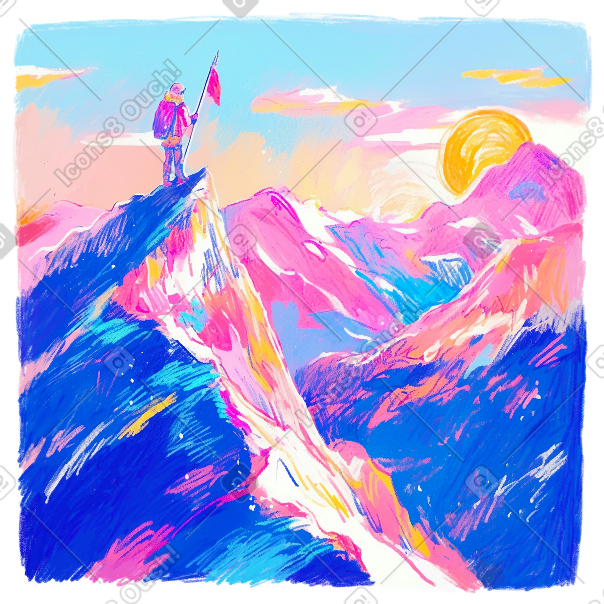 Pencil drawing of tourist raising flag on mountain top illustration in Fuchsia style download in PNG, SVG