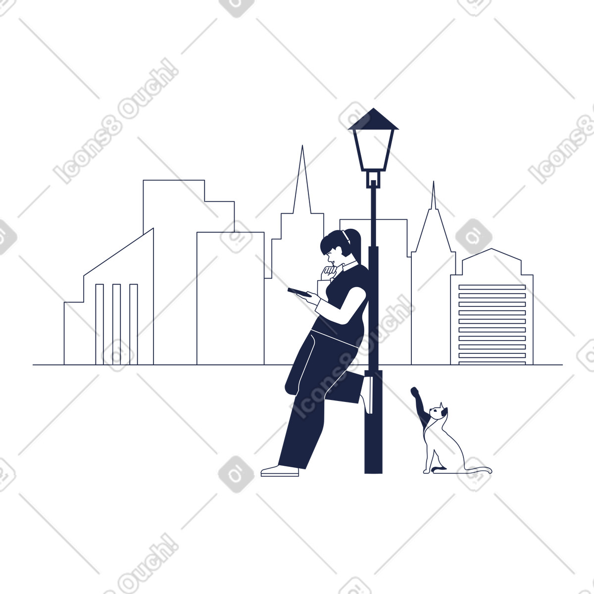 Woman with phone leaning on a lamppost and cat sitting near illustration in Urban Line style download in PNG, SVG