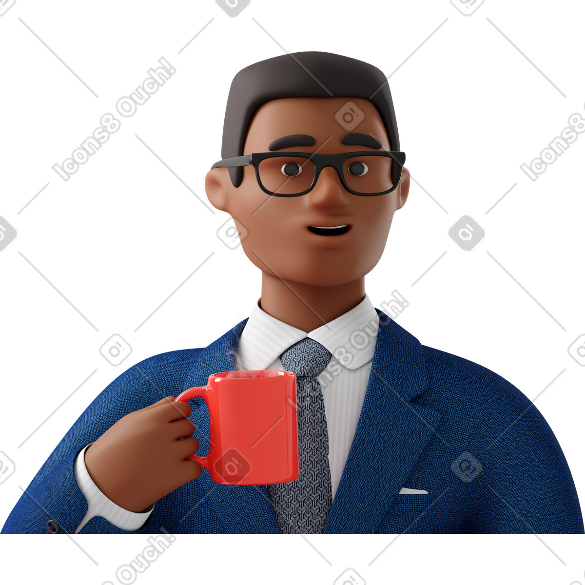 Close up of black businessman in blue suit with coffee mug illustration 3D Business style download PNG, SVG