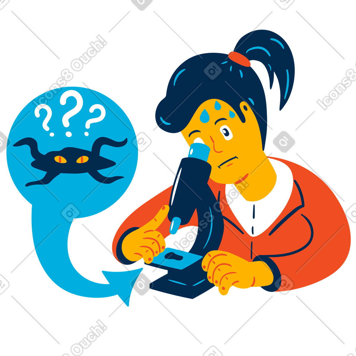 Illustration Une femme découvre nouvelle espèce au microscope dans le style Flame à télécharger aux formats PNG, SVG