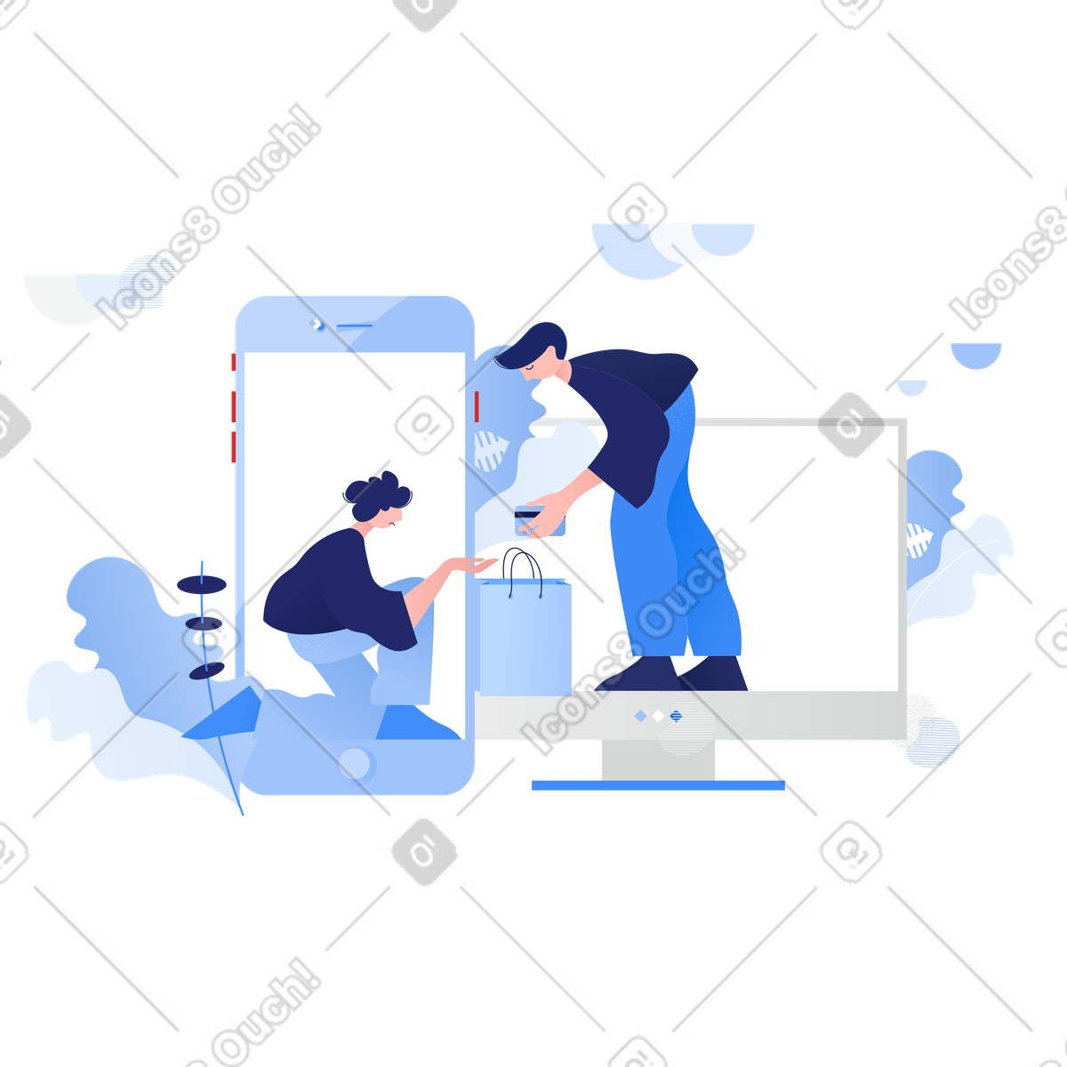 Persone in gadget che passano una borsa della spesa tramite e-commerce illustrazione stile Clip scarica PNG, SVG