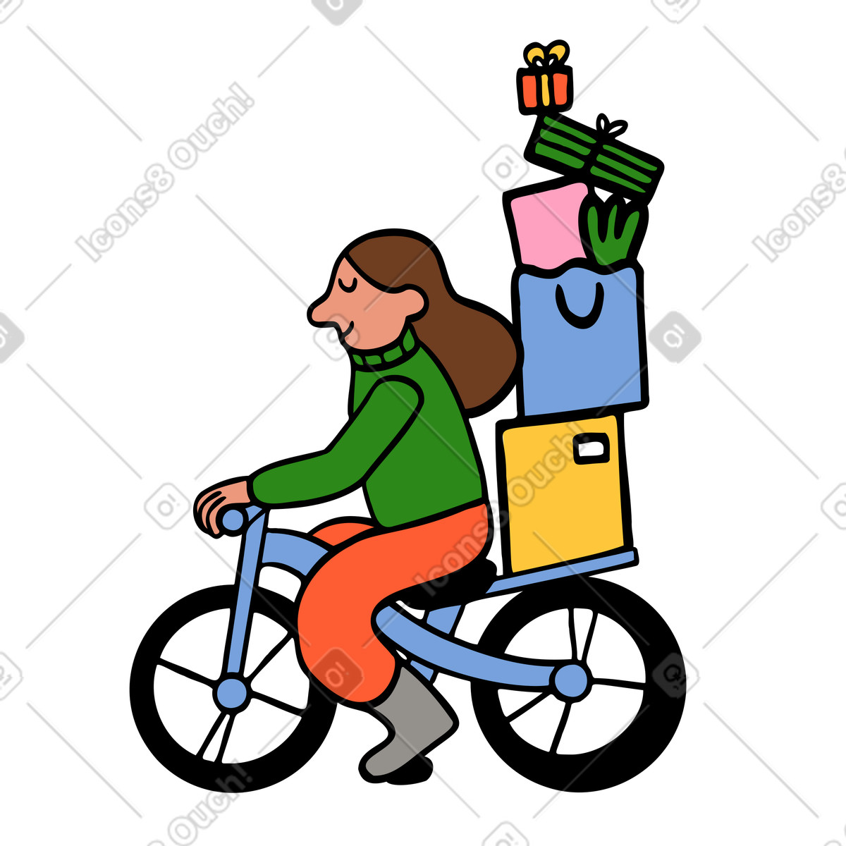 Donna in bicicletta con i pacchi dopo lo shopping illustrazione stile Comic scarica PNG, SVG