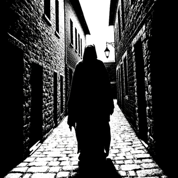 A shadowy figure stands in an alleyway of a medieval town, partially obscured by the dim light of a full moon. The figure is cloaked in dark, tattered garments that blend into the night. Cobblestones are visible on the ground, reflecting the soft glow of moonlight. Stone buildings with weathered facades rise on either side, casting elongated shadows. The air appears still and quiet, suggesting a sense of mystery around the lurking figure. A single flickering torch hangs on the wall, adding subtle illumination to the scene.