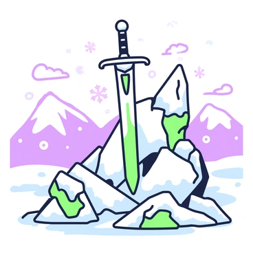 A sword is embedded in a large icy rock formation in a frozen kingdom. The sword has a detailed hilt and a glimmering blade, catching the cold light reflecting off the ice. The rock formation is jagged and uneven, with sharp edges covered in frost. Surrounding the rock are various smaller ice sculptures, some resembling mythical creatures. In the background, a vast snowy landscape is visible, with snow-covered mountains rising majestically against the sky. Flurries of snowflakes fall gently, adding to the wintry atmosphere of the scene.