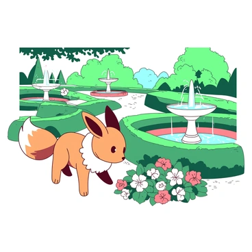 An orange Eevee with a fluffy tail is wandering through a beautifully manicured garden. The garden features neatly trimmed green hedges that create winding pathways. In the center of the garden, there are elegant white fountains with water cascading down in gentle streams. Surrounding the fountains are vibrant flowers in various colors, adding splashes of color to the scene. The Eevee looks curious as it sniffs at the colorful blossoms nearby. Sunlight filters through the leaves above, casting soft shadows on the ground.