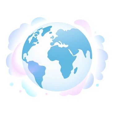A globe prominently displaying the outlines of different continents is at the center of the image. Surrounding the globe, delicate "footprints made of smoke" swirl and rise, creating an ethereal effect as they traverse over the landmasses. The continents are vividly colored, each with distinct hues, while the smoke trails have a soft, wispy appearance that contrasts with the solid form of the globe. Soft gradient pastel colors fill the background, enhancing the visual appeal of the scene.
