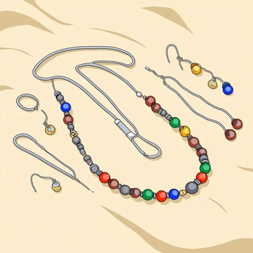 A collection of delicate jewelry pieces displayed on a soft, light-colored fabric. The jewelry includes a series of earrings, necklaces, and bracelets. Each piece is intricately designed, showcasing a variety of shapes and styles. The jewelry is crafted from shiny, recycled metals that twinkle in the light. Colorful glass beads in shades of blue, red, green, and yellow are interspersed among the metal, adding vibrant splashes of color. The overall arrangement allows for a clear view of the craftsmanship, highlighting the unique combinations of materials.